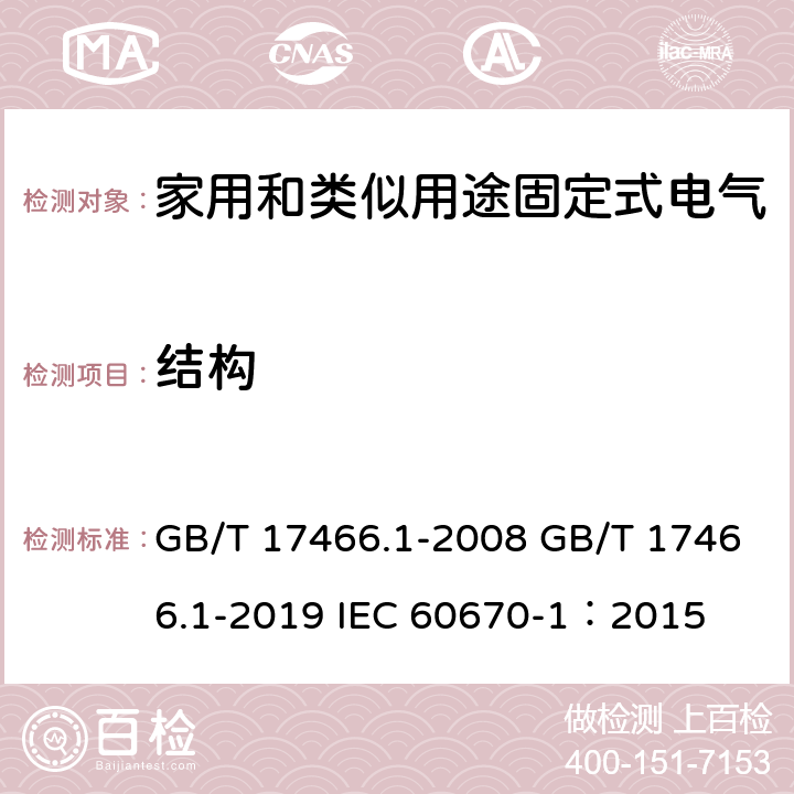 结构 家用和类似用途固定式电气装置电器附件安装盒和外壳 第1部分：通用要求 GB/T 17466.1-2008 GB/T 17466.1-2019 IEC 60670-1：2015 12