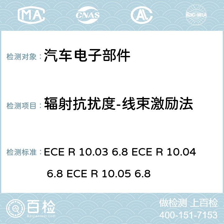 辐射抗扰度-线束激励法 ECER 10 联合国法规 ECE 认证的统一规定状态：对于电磁兼容性的车辆 ECE R 10.03 6.8 ECE R 10.04 6.8 ECE R 10.05 6.8