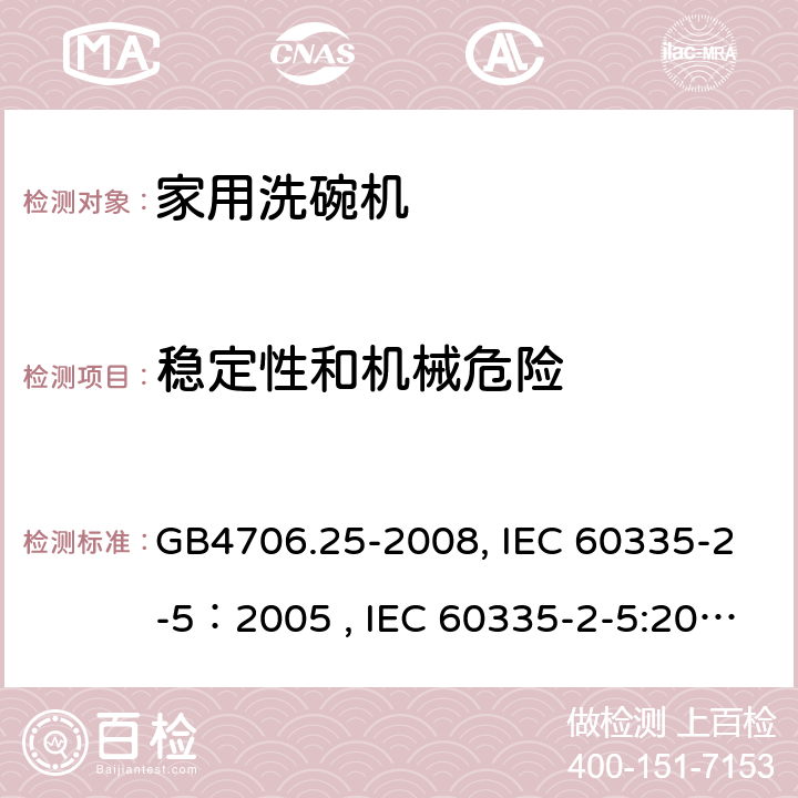 稳定性和机械危险 家用和类似用途电器的安全 洗碗机的特殊要求 GB4706.25-2008, IEC 60335-2-5：2005 , IEC 60335-2-5:2002+A1:2005+A2:2008, IEC 60335-2-5:2012+A1:2018, EN 60335-2-5:2015+A11:2019 20