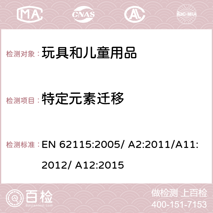 特定元素迁移 国际电玩具安全 EN 62115:2005/ A2:2011/A11:2012/ A12:2015 条款 20