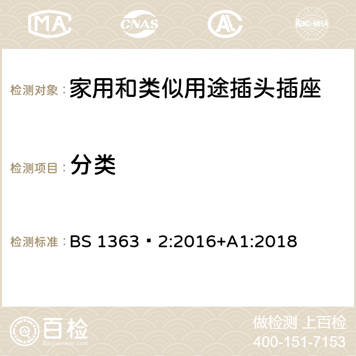 分类 插头、插座、转换器和连接单元 第2部分 13A 带开关和不带开关的插座的规范 BS 1363‑2:2016+A1:2018 CL.6