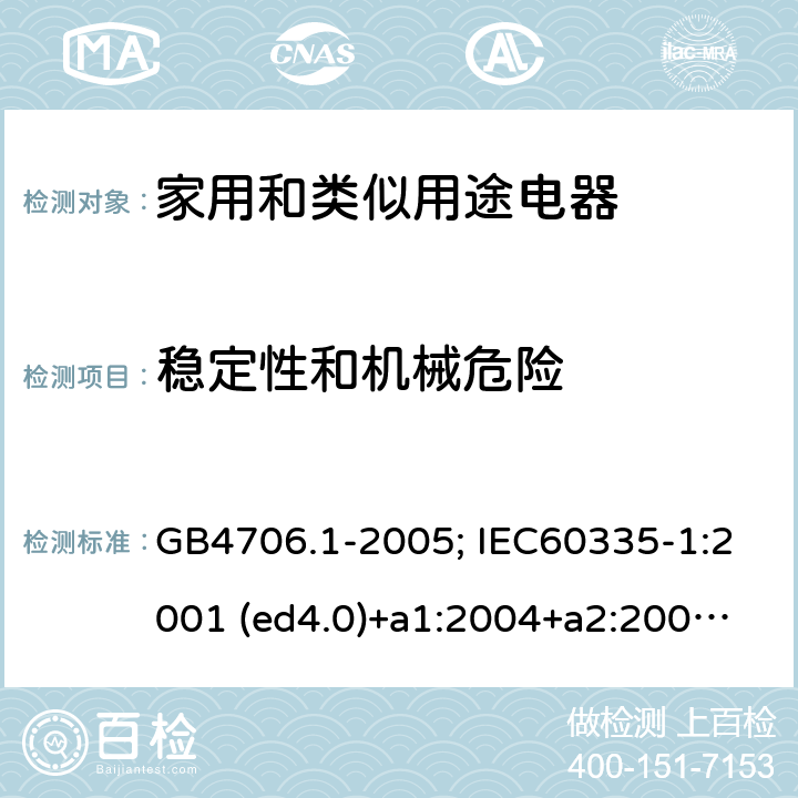 穩定性和機械危險 家用和類似用途電器的安全 第1部分：通用要求 GB4706.1-2005; IEC60335-1:2001 (ed4.0)+a1:2004+a2:2006; 2004 (ed4.1); 2010 (ed.5.0)+a1:2013; 2010(ed.5.0)+a1:2013+a2:2016 20