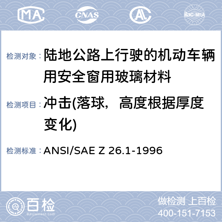 冲击(落球，高度根据厚度变化) ANSI/SAEZ 26.1-19 《陆地公路上行驶的机动车辆用安全窗用玻璃材料规范》 ANSI/SAE Z 26.1-1996 5.14