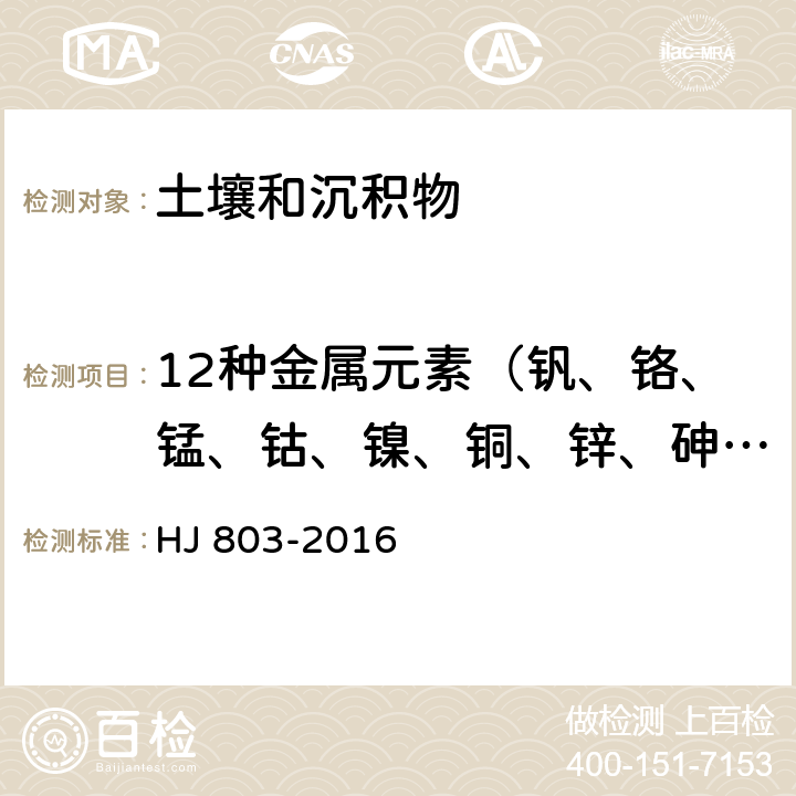 12种金属元素（钒、铬、锰、钴、镍、铜、锌、砷、钼、镉、锑、铅）  《土壤和沉积物 12种金属元素的测定 王水提取-电感耦合等离子体质谱法》 HJ 803-2016