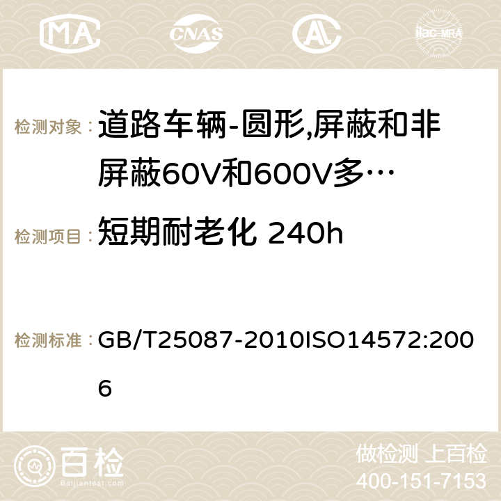 短期耐老化 240h 道路车辆-圆形,屏蔽和非屏蔽60V和600V多芯护套电缆 GB/T25087-2010
ISO14572:2006 10.2