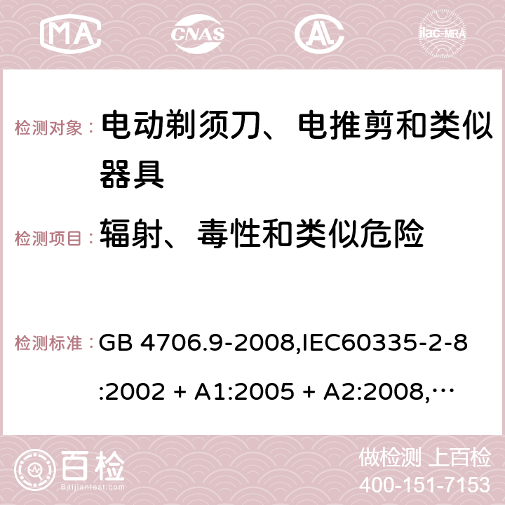 辐射、毒性和类似危险 家用和类似用途电器的安全 第2-8部分:电动剃须刀、电推剪及类似器具的特殊要求 GB 4706.9-2008,IEC60335-2-8:2002 + A1:2005 + A2:2008,
IEC 60335-2-8:2012 + A1:2015+A2:2018,AS/NZS 60335.2.8:2004 + A1:2006 + A2:2009,AS/NZS 60335.2.8:2013 + A1:2017+A2:2019,EN 60335-2-8-2003 + A1:2005 + A2:2008,EN 60335-2-8:2015 + A1:2016 32