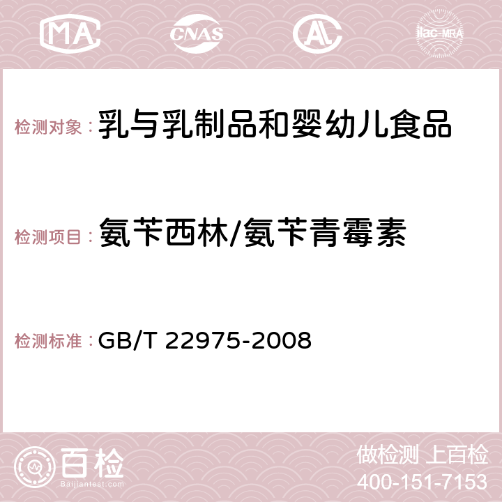 氨苄西林/氨苄青霉素 牛奶和奶粉中阿莫西林、氨苄西林、哌拉西林、青霉素G、青霉素V、苯唑西林、氯唑西林、萘夫西林和双氯西林残留量的测定 液相色谱-串联质谱法 GB/T 22975-2008