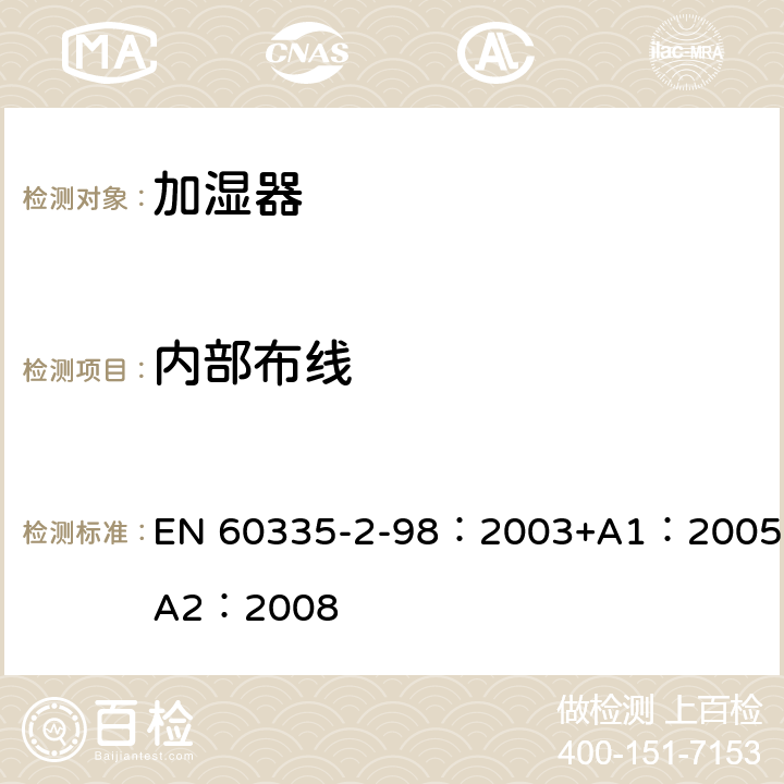 内部布线 家用和类似用途电器的安全　加湿器的特殊要求 EN 60335-2-98：2003+A1：2005+A2：2008 23