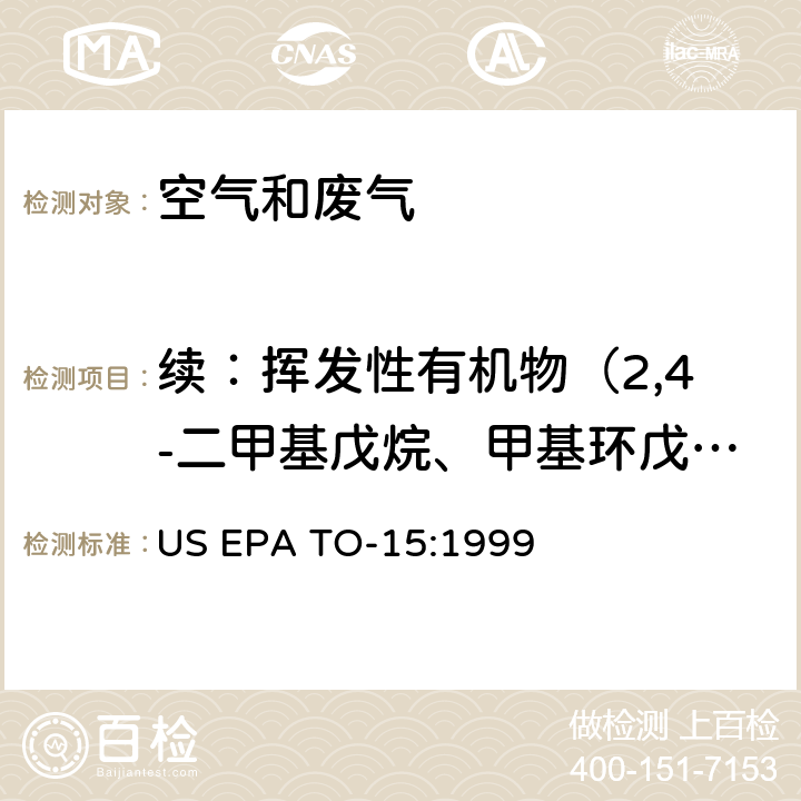 续：挥发性有机物（2,4-二甲基戊烷、甲基环戊烷、2-甲基己烷、2,3-二甲基戊烷、3-甲基己烷、甲基环己烷、2,3,4-三甲基戊烷、2-甲基庚烷、3-甲基庚烷、正辛烷、正壬烷、异丙苯、正丙苯、1-乙基-2-甲基苯、1-乙基-3-甲基苯、癸烷、1,2,3-三甲苯、1,3-二乙基苯、对二乙苯、十一烷、十二烷） EPA TO-15:1999 环境空气和废气 挥发性有机物的测定 苏玛罐采集 气相色谱-质谱法 US 