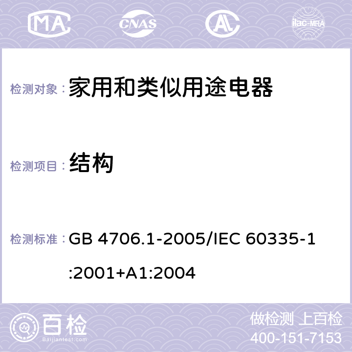 结构 家用和类似用途电器的安全 第1部分：通用要求 GB 4706.1-2005
/IEC 60335-1:2001+A1:2004 22