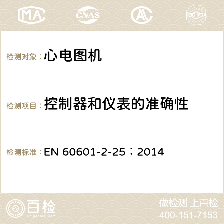 控制器和仪表的准确性 医用电气设备--第2-25部分:心电图机的基本安全和基本性能专用要求 EN 60601-2-25：2014 Cl.201.12.1