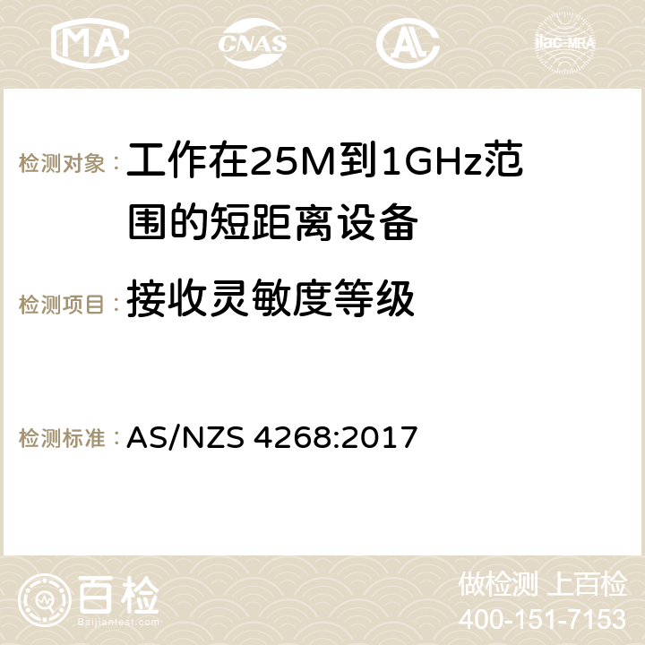 接收灵敏度等级 电磁兼容和无线频谱(ERM):短程设备(SRD)频率范围为25MHz至1000MHz最大功率为500mW的无线设备;第一部分:技术特性与测试方法 AS/NZS 4268:2017 4,5,6