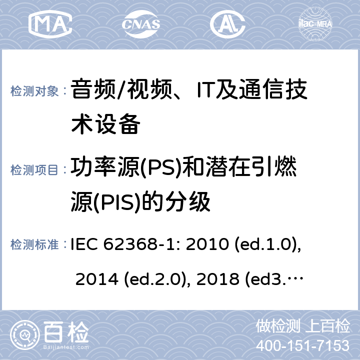 功率源(PS)和潜在引燃源(PIS)的分级 音频/视频，信息和通信技术设备 - 第1部分：安全要求 IEC 62368-1: 2010 (ed.1.0), 2014 (ed.2.0), 2018 (ed3.0); IEC 62368-1:2020+a11:2020 6.2