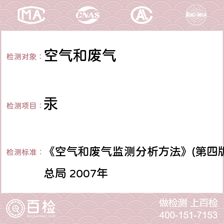 汞 巯基棉富集-冷原子荧光分光光度法 《空气和废气监测分析方法》(第四版增补版)国家环境保护总局 2007年 第三篇,第二章,四（一）