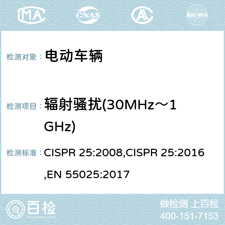 辐射骚扰(30MHz～1GHz) CISPR 25:2008 车辆、船和内燃机 无线电骚扰特性 用于保护车载接收机的限值和测量方法 ,CISPR 25:2016,EN 55025:2017 5.3