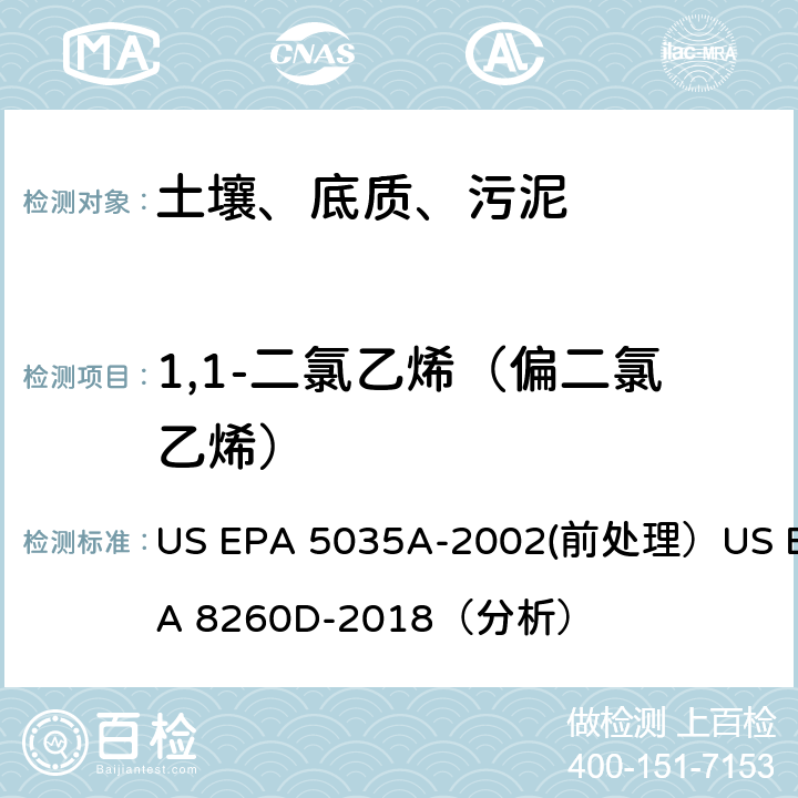 1,1-二氯乙烯（偏二氯乙烯） 挥发性有机物的测定 气相色谱/质谱法（GC/MS）(分析) US EPA 5035A-2002(前处理）US EPA 8260D-2018（分析）