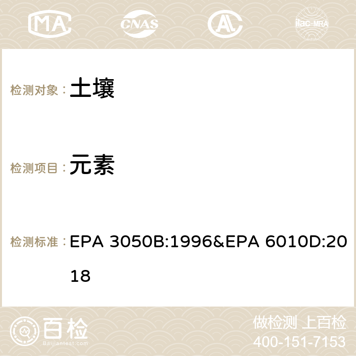 元素 土壤消解 元素分析：电感耦合等离子体发射法 EPA 3050B:1996&EPA 6010D:2018