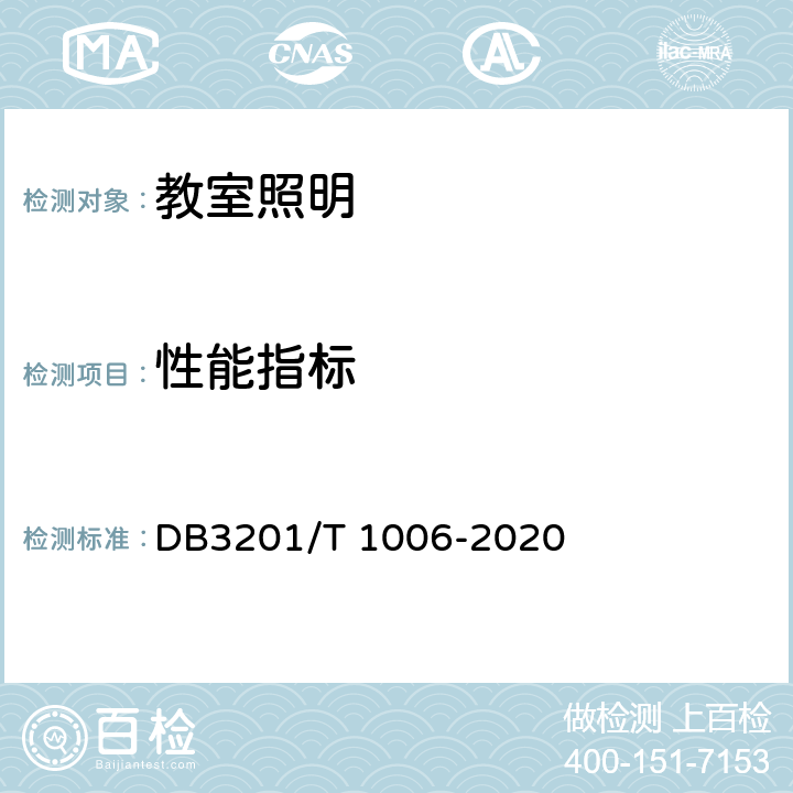 性能指标 中小学幼儿园教室照明验收管理规范 DB3201/T 1006-2020 5