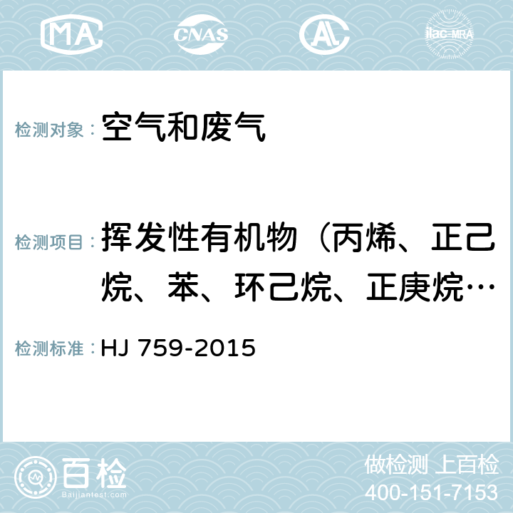 揮發性有機物（丙烯、正己烷、苯、環己烷、正庚烷、甲苯、對二甲苯、乙苯、間二甲苯、苯乙烯、鄰二甲苯、1,3,5-三甲苯、1,2,4-三甲苯、二氟二氯甲烷、一氯甲烷、1,1,2,2-四氟-1,2-二氯乙烷、氯乙烯、丁二烯、一溴甲烷、氯乙烷、一氟三氯甲烷、1,1-二氯乙烯） 環境空氣 揮發性有機物的測定罐采樣氣相色譜-質譜法 HJ 759-2015