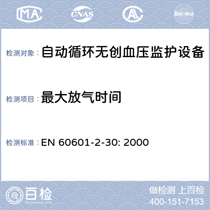 最大放气时间 EN 60601 医用电气设备 第2-30部分：自动循环无创血压监护设备的安全和基本性能专用要求 -2-30: 2000 201.104
