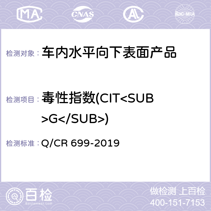 毒性指數(CIT<SUB>G</SUB>) 鐵路客車非金屬材料阻燃技術條件 Q/CR 699-2019 5.2，附錄B方法1