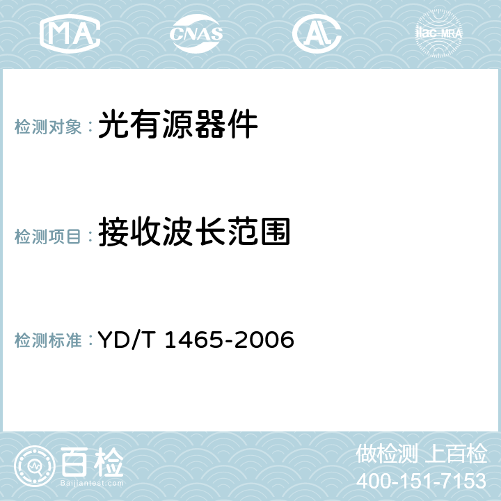 接收波长范围 10Gbit/s小型化可插拔光收发合一模块技术条件 YD/T 1465-2006