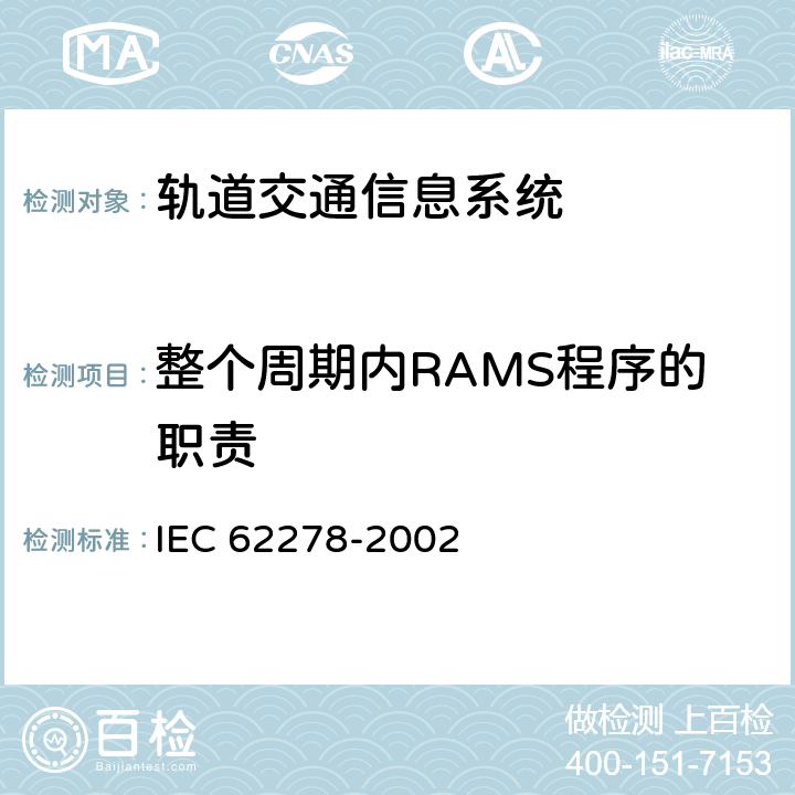 整个周期内RAMS程序的职责 铁路应用-可靠有效性,可维护性和安全规范和示范(RAMS) IEC 62278-2002 附录E