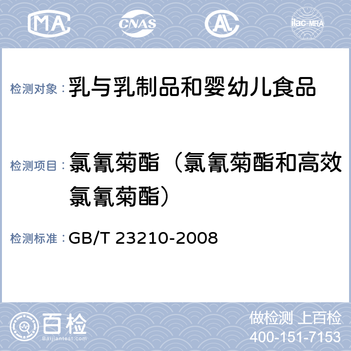 氯氰菊酯（氯氰菊酯和高效氯氰菊酯） 牛奶和奶粉中511种农药及相关化学品残留量的测定 气相色谱-质谱法 GB/T 23210-2008