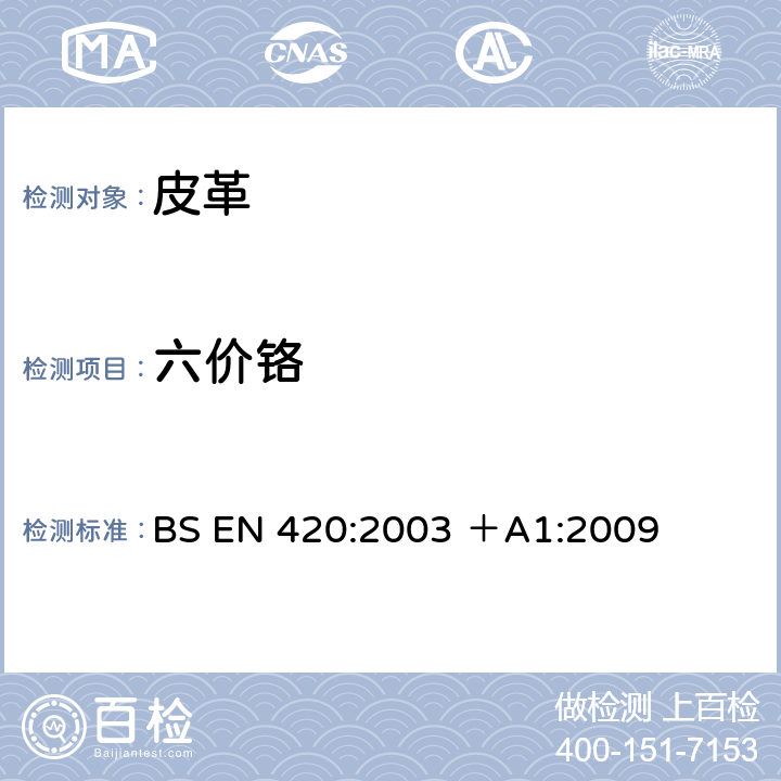 六价铬 BS EN 420:2003 防护手套通用要求和测试方法  ＋A1:2009