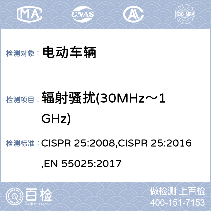 辐射骚扰(30MHz～1GHz) 车辆、船和内燃机 无线电骚扰特性 用于保护车载接收机的限值和测量方法 CISPR 25:2008,CISPR 25:2016,EN 55025:2017 6.4