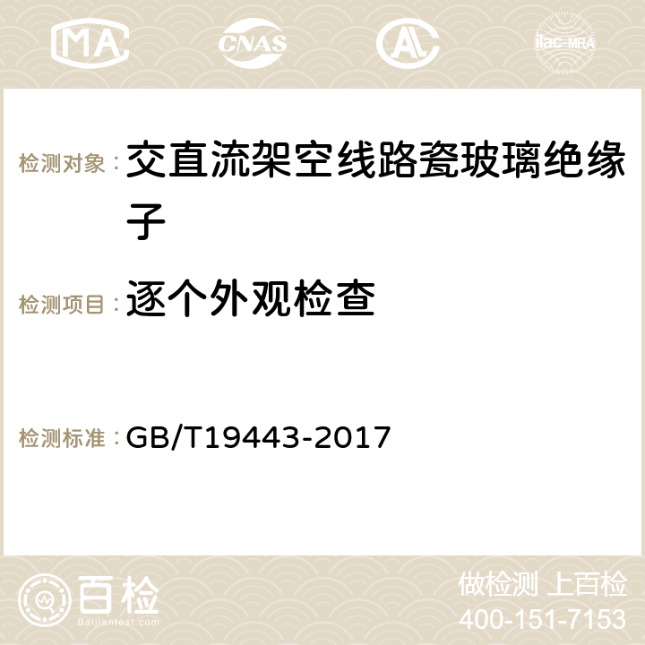 逐个外观检查 GB/T 19443-2017 标称电压高于1500V的架空线路用绝缘子 直流系统用瓷或玻璃绝缘子串元件 定义、试验方法及接收准则