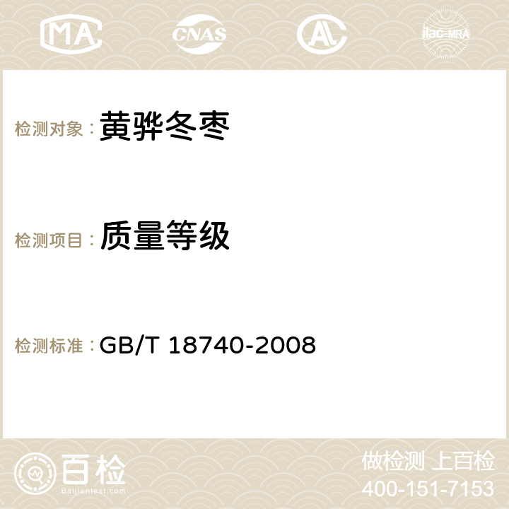 质量等级 GB/T 18740-2008 地理标志产品 黄骅冬枣