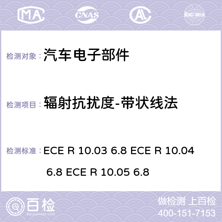 辐射抗扰度-带状线法 ECER 10 联合国法规 ECE 认证的统一规定状态：对于电磁兼容性的车辆 ECE R 10.03 6.8 ECE R 10.04 6.8 ECE R 10.05 6.8