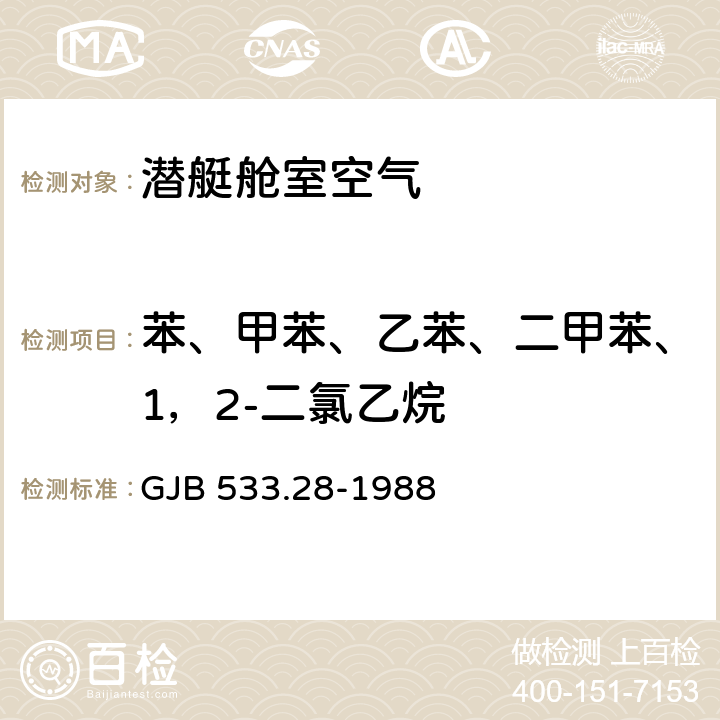 苯、甲苯、乙苯、二甲苯、1，2-二氯乙烷 潜艇舱室空气组分 苯、甲苯、乙苯、二甲苯、1，2-二氯乙烷含量的测定 气相色谱法 GJB 533.28-1988