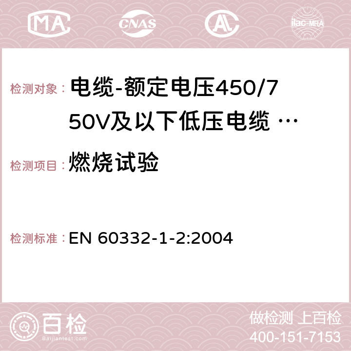 燃烧试验 电缆和光缆在火焰条件下的燃烧试验 第1-2部分：单根绝缘电线电缆火焰垂直蔓延试验-1kW预混合型火焰试验方法 EN 60332-1-2:2004 9.3