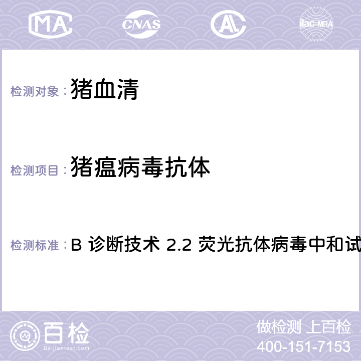 猪瘟病毒抗体 《OIE陆生动物诊断试验和疫苗手册》3.8.3（2019年版） B 诊断技术 2.2 荧光抗体病毒中和试验