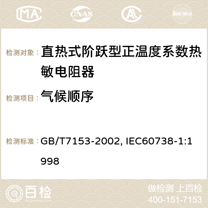 气候顺序 直热式阶跃型正温度系数热敏电阻器总规范 GB/T7153-2002, IEC60738-1:1998 4.21