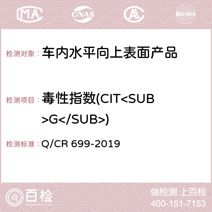 毒性指數(CIT<SUB>G</SUB>) 鐵路客車非金屬材料阻燃技術條件 Q/CR 699-2019 5.4，附錄B方法1