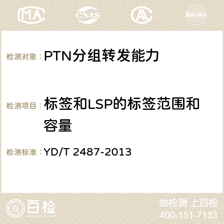 标签和LSP的标签范围和容量 分组传送网（PTN）设备测试方法 YD/T 2487-2013 6.4