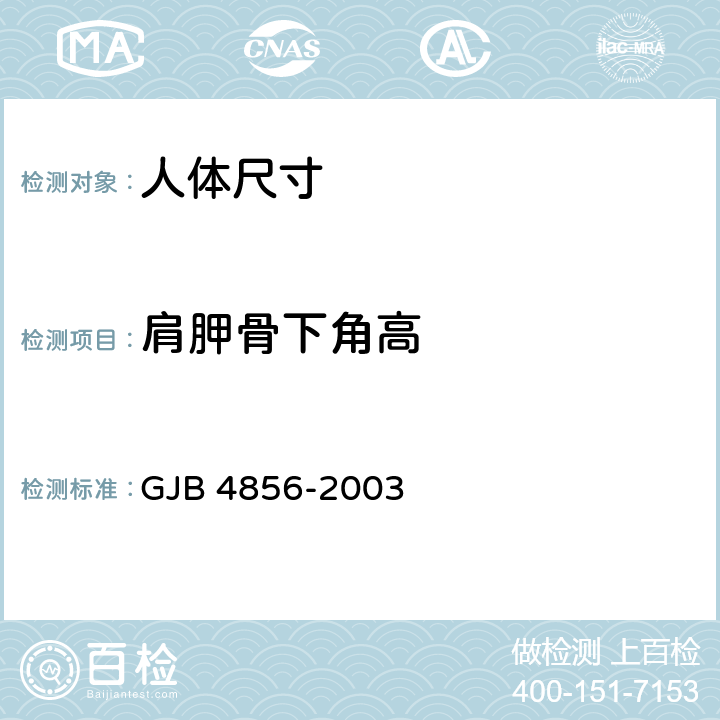 肩胛骨下角高 中国男性飞行员身体尺寸 GJB 4856-2003 B.2.16　