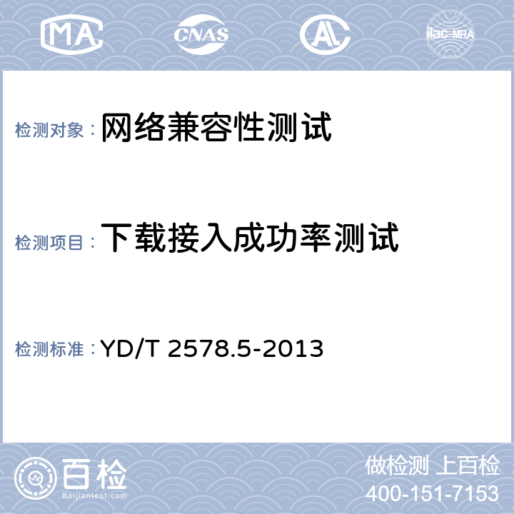 下载接入成功率测试 LTE FDD数字蜂窝移动通信网 终端设备测试方法(第一阶段) 第5部分:网络兼容性测试 YD/T 2578.5-2013 11.2.1