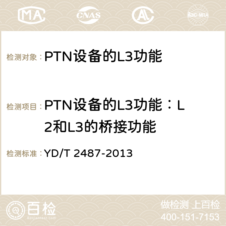 PTN设备的L3功能：L2和L3的桥接功能 YD/T 2487-2013 分组传送网(PTN)设备测试方法