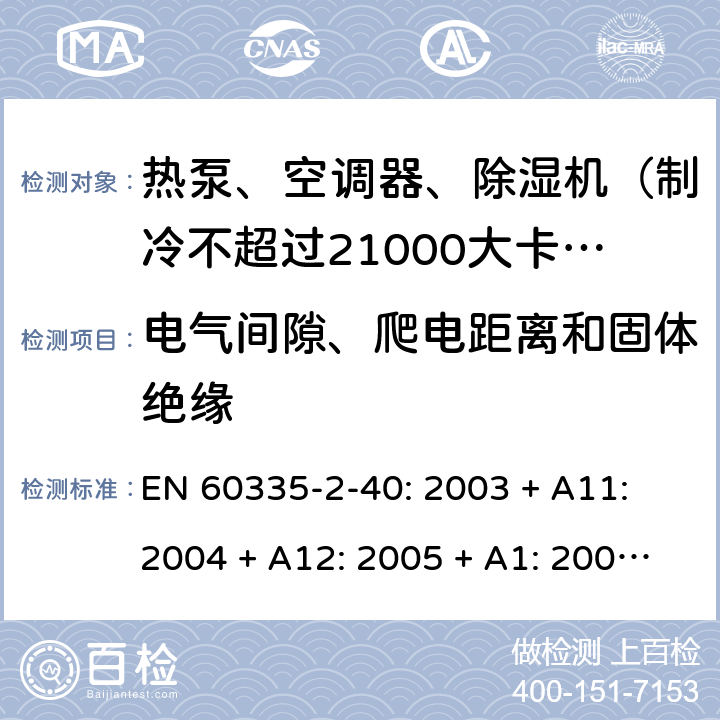 电气间隙、爬电距离和固体绝缘 家用和类似用途电器的安全 热泵、空调器和除湿机的特殊要求 EN 60335-2-40: 2003 + A11: 2004 + A12: 2005 + A1: 2006 + A2: 2009 + A13: 2012/AC:2013 29