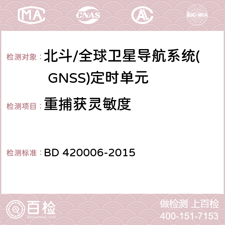 重捕获灵敏度 北斗/全球卫星导航系统( GNSS)定时单元性能要求及测试方法 BD 420006-2015 5.6.2.2