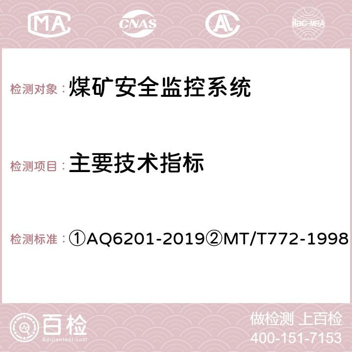 主要技术指标 Q 6201-2019 ①煤矿安全监控系统通用技术要求②煤矿监控系统主要性能测试方法 ①AQ6201-2019②MT/T772-1998 ①5.7/②9