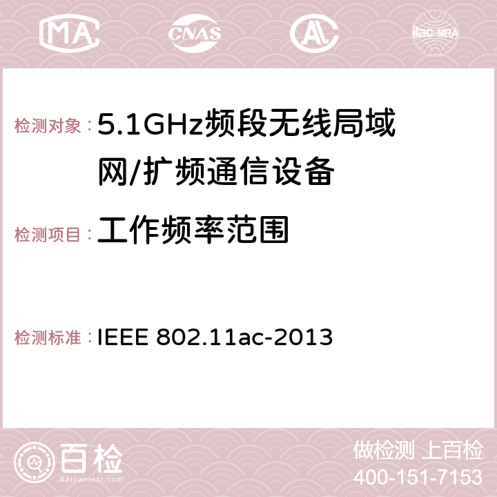 工作频率范围 信息技术 系统间通讯和信息交换 局域网和城域网 专门要求 第11部分:无线局域网媒介访问控制(MAC)和物理层(PHY)规范 修改件4:6 GHz以下频带中运行高通量的增强功能 IEEE 802.11ac-2013 22.3.18.6