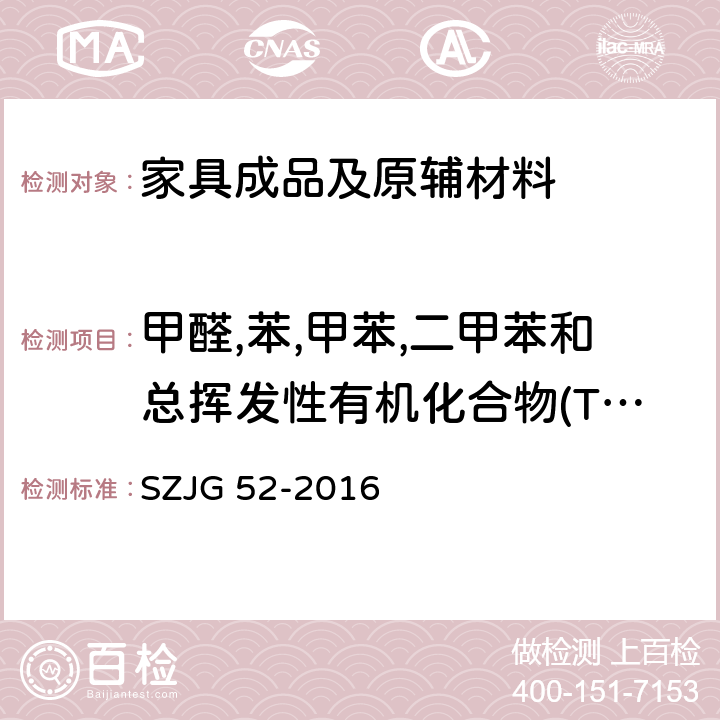 甲醛,苯,甲苯,二甲苯和总挥发性有机化合物(TVOC)释放量 JG 52-2016 家具成品及原辅材料中有害物质限量 SZ 附录A