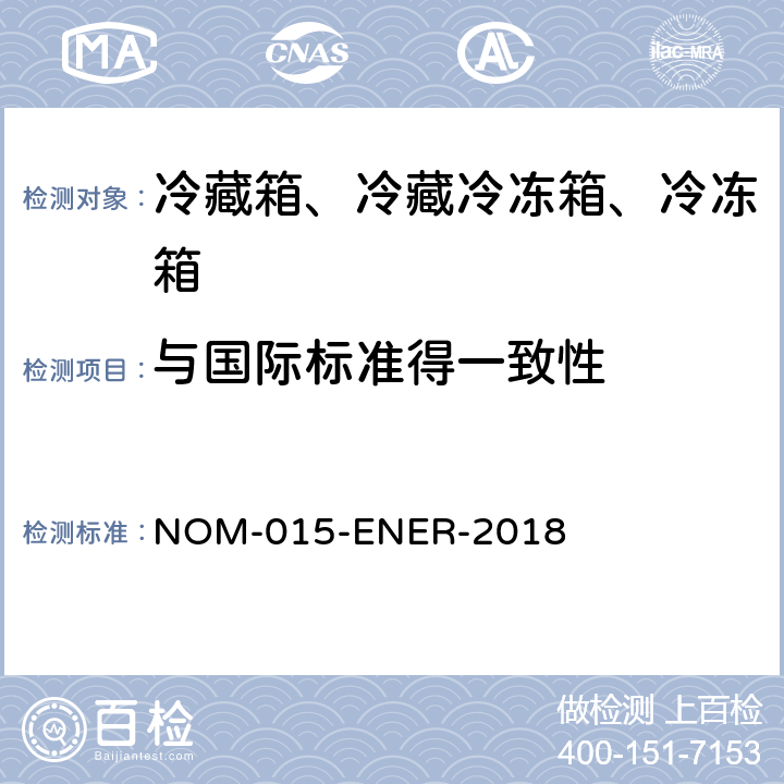 与国际标准得一致性 ENER-2018 冷藏箱、冷藏冷冻箱、冷冻箱的能源效率—限值、测试方法和标签 NOM-015- 第14章