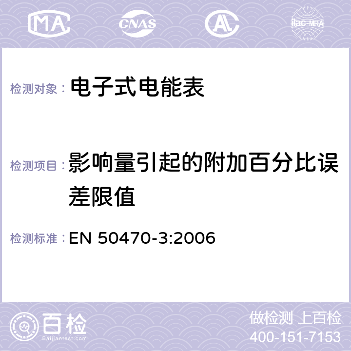 影响量引起的附加百分比误差限值 交流电测量设备-第3部分：特殊要求-静止式有功电能表（A、B和C级） EN 50470-3:2006 8.3