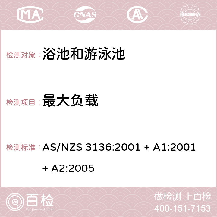 最大负载 AS/NZS 3136:2 批准和试验规范- 浴池和游泳池电子设备 001 + A1:2001 + A2:2005 附录A